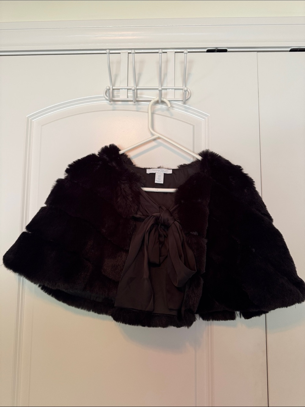 Faux Fur Cape with Bow Tie Closure - Black